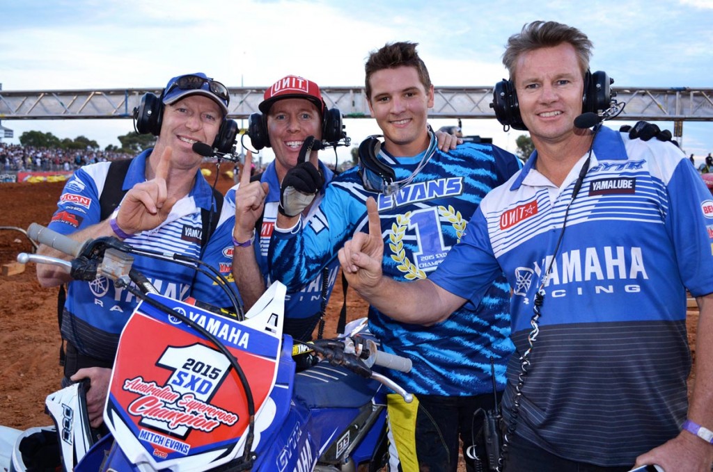 Winners are grinners as Mitch Evans and the GYTR Yamaha team celebrate winning the SXD class of the 2015 Penrite Oils Australian Supercross Championships presented by Ryco Filters.