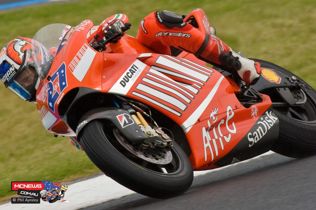 Casey Stoner during wet practice. Phillip Island 2007. By Phil Aynsley