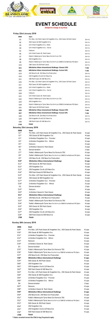 Island Classic 2016 Schedule - Click to Enlarge in new window