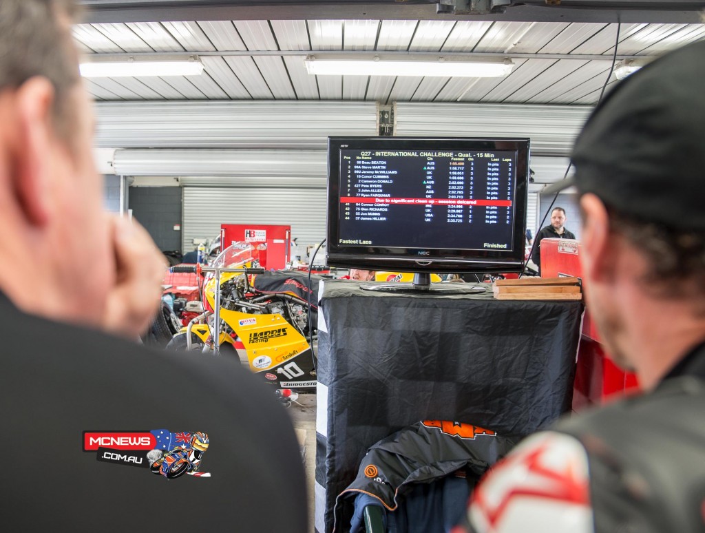 Island Classic 2016 - Qualifying - Jeremy McWilliams and John McGuinness look at the times after the qualifying session was aborted halfway into the 15-minute session