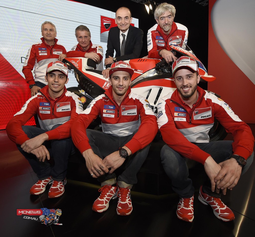 Claudio Domenicali (CEO of Ducati Motor Holding). Luigi Dall’Igna (Ducati Corse General Manager). Davide Tardozzi. Anrea Iannone, Michele Pirro and Andrea Dovizioso