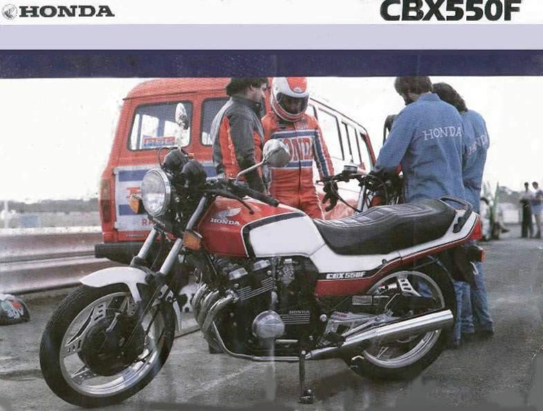 Honda Australia promo shot of the CBX. Taken on a wet day at Calder Raceway in Melbourne, the photo features the late Andrew (AJ) Johnson in the leathers and Honda team mechanic, Mick Smith with his back to the camera.