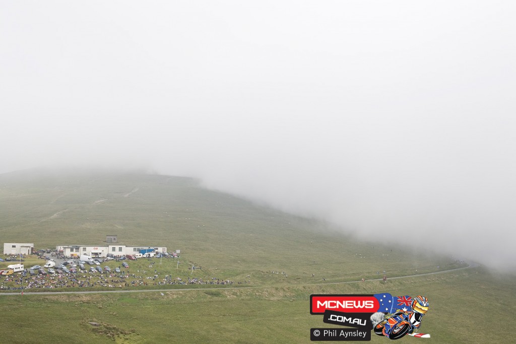 Low cloud obscures the Verandah during the Senior TT.