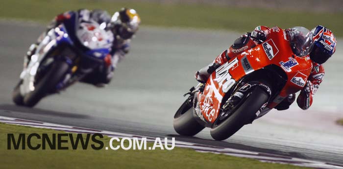 Casey Stoner won the inaugural Qatar MotoGP under lights in 2008 ahead of Jorge Lorenzo and Dani Pedrosa