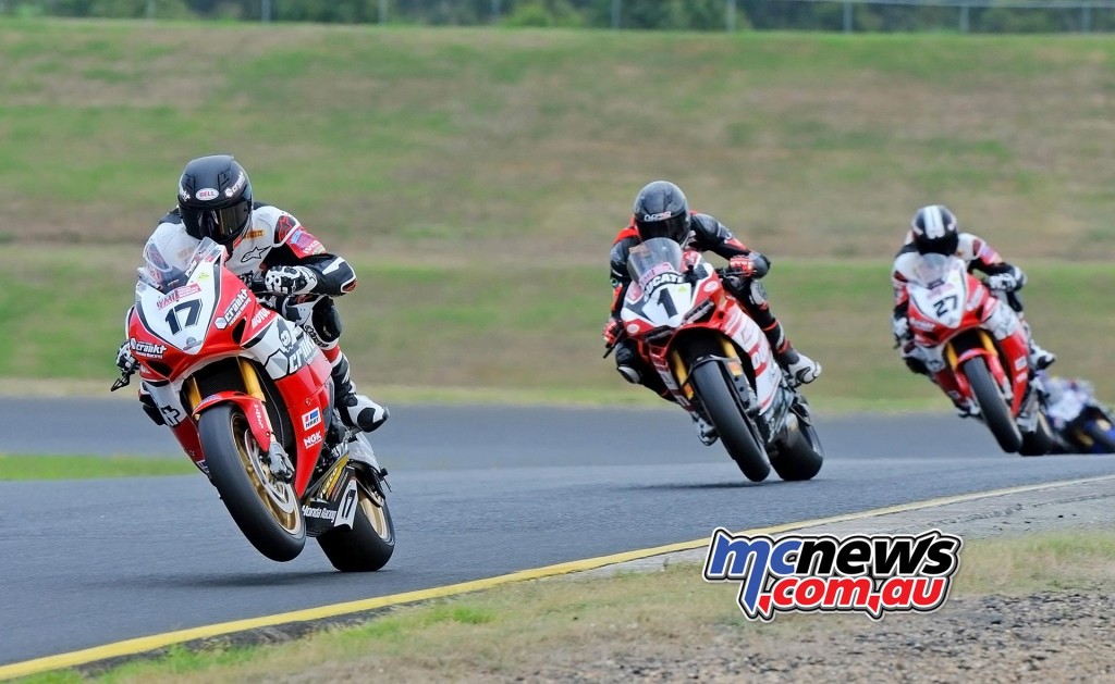 ASBK 2016 - Round Three - Sydney Motorsports Park - Race One - Image by Keith Muir - Troy Herfoss leads Mike Jones and Jamie Stauffer