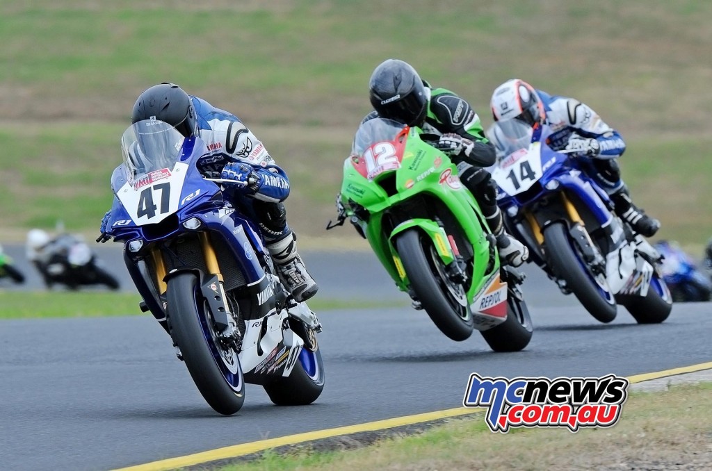 ASBK 2016 - Round Three - Sydney Motorsports Park - Race One - Image by Keith Muir - Wayne Maxwell leads Matt Walters and Glenn Allerton early in the race