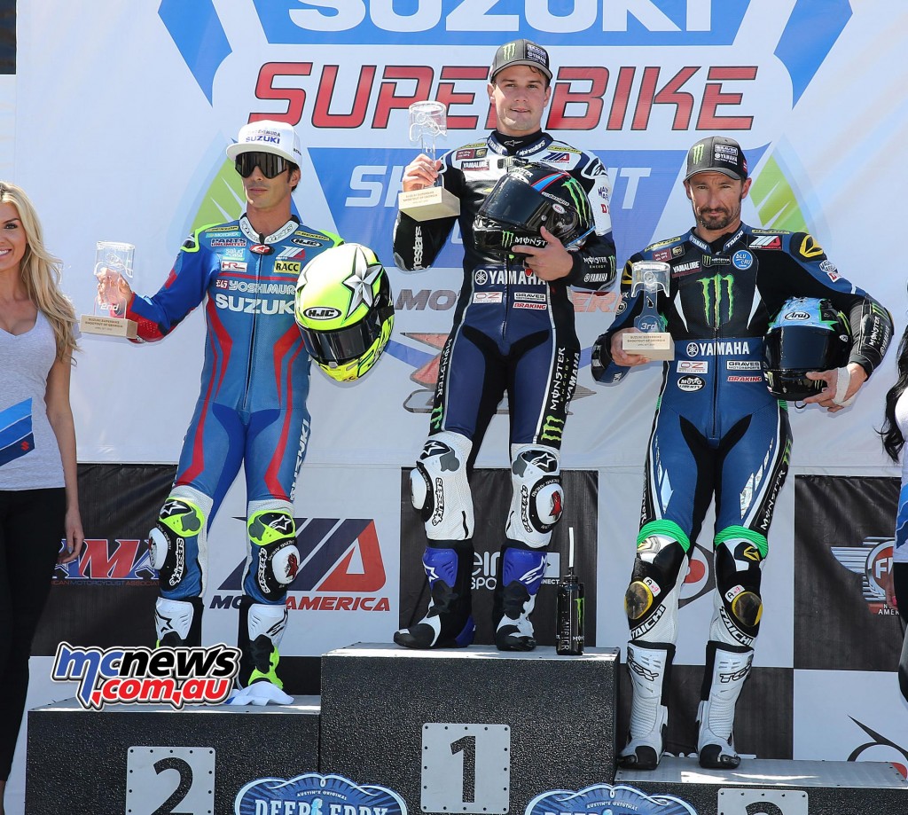 Cameron Beaubier earned pole position for tomorrow's two MotoAmerica Superbike races at Road Atlanta. Points leader Toni Elias (left) and four-time champion Josh Hayes (right) will join Beaubier on the front row. Photography by Brian J. Nelson.