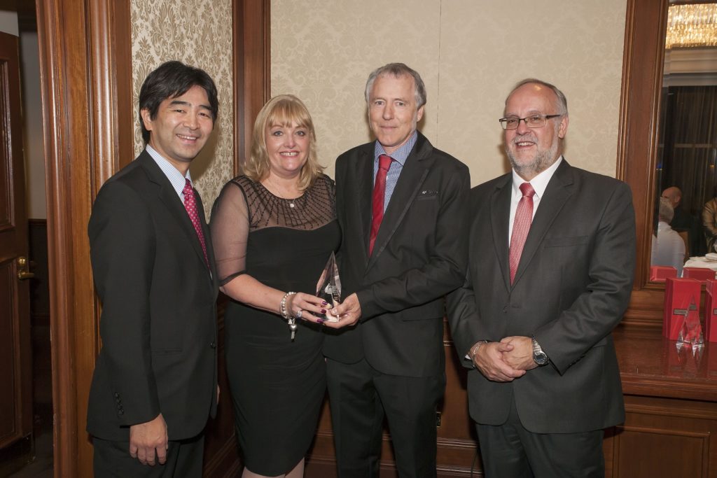 (L-R) Robert Toscano, Managing Director Honda, Michelle & Dean Morgan, Morgan Motors, Peter Singleton, General Manager Honda Motorcycles, and Masayuki Hamamatsu, Director Honda - Honda Dealer of the Year 2015 - Morgans Motorcycles