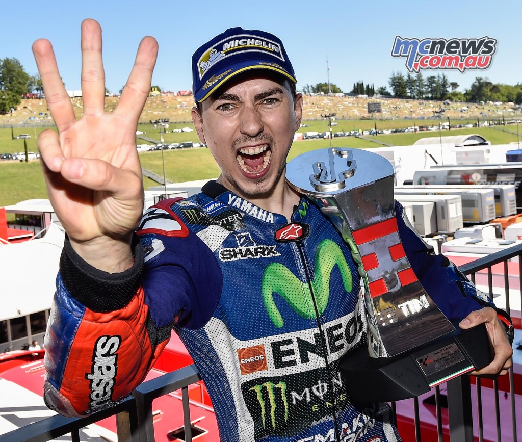 Jorge Lorenzo celebrates Mugello MotoGP victory 2016