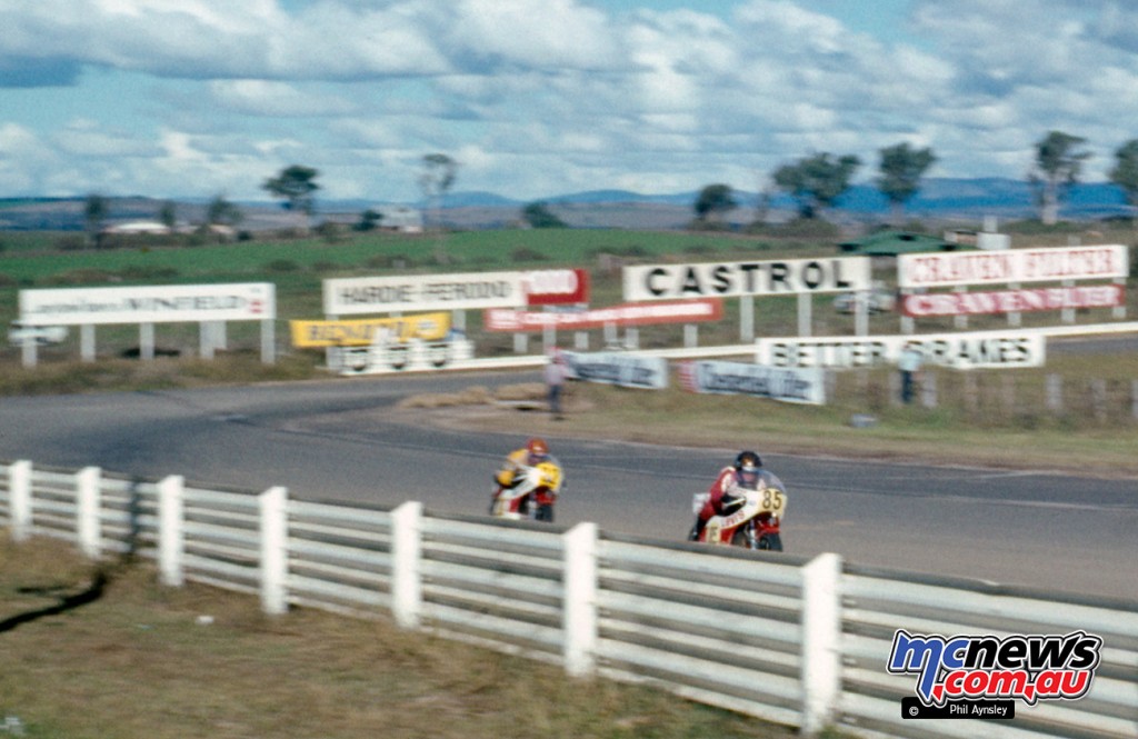 The finish of an epic duel. Warren Willing/Yamaha TZ750 leads Gregg Hansford/Yamaha TZ750 a few yards short of the finish of the Unlimited GP.
