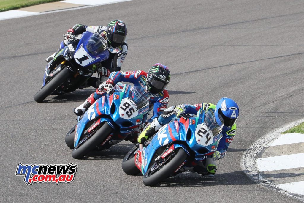 Toni Elias (24) and his Yoshimura Suzuki teammate Roger Hayden (95) split MotoAmerica Superbike wins on Sunday at Barber Motorsports Park. Series points leader Cameron Beaubier (1) finished third in both races. Photography by Brian J. Nelson.
