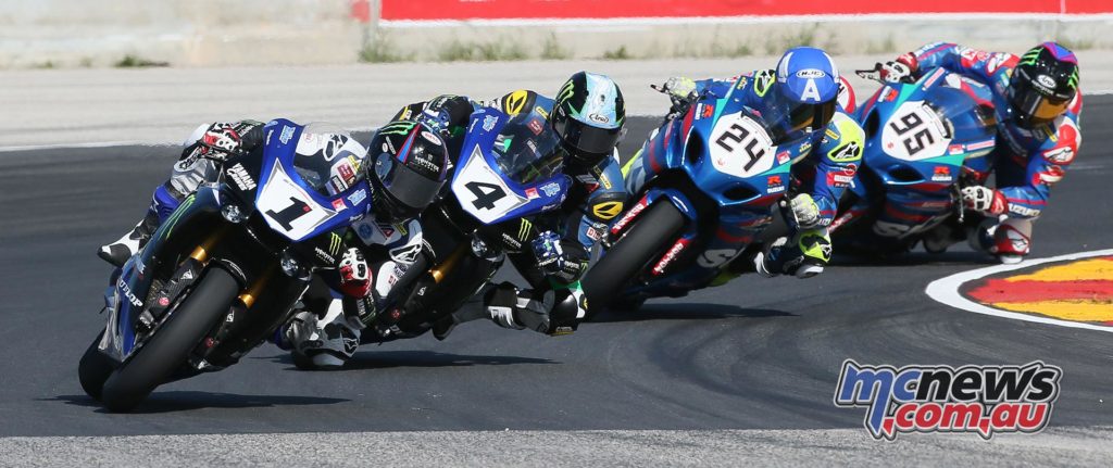 Cameron Beaubier (1) was perfect on Sunday at Road America, the defending MotoAmerica Superbike Champion winning both races. Here he leads Josh Hayes (4), Toni Elias (24) and Roger Hayden (95). Photography by Brian J. Nelson.