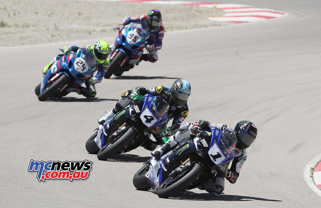 Cameron Beaubier (1) won his seventh race of the season in the first of two Superbike races at Utah Motorsports Campus on Saturday. Beaubier beat teammate Josh Hayes (1) in race one. Photography by Brian J. Nelson.