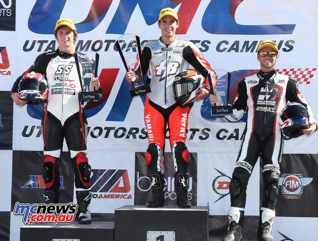 Richie Escalante (center) won his second Superstock 600 race of the season. Bryce Prince (left) was second with Travis Wyman (right) third.