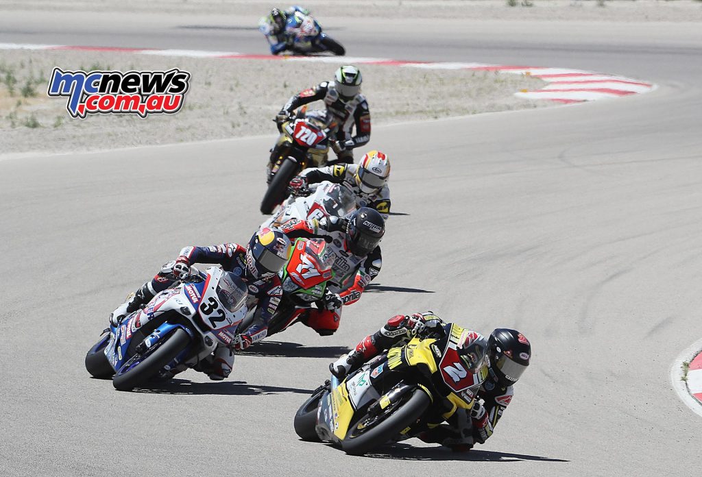 Bazzaz Superstock 1000 series points leader Josh Herrin (2) won his sixth Superstock 1000 race in a row in Utah and seventh of the year.