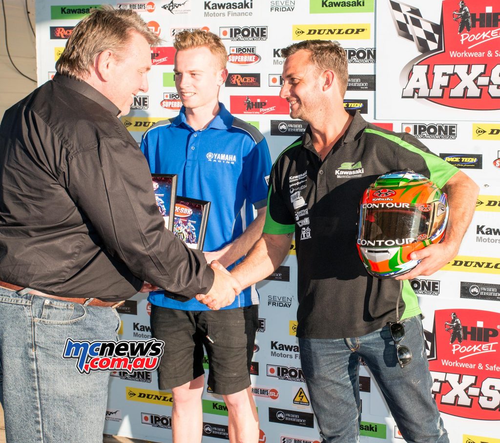 Swann Superbikes promoter Terry O'Neil congratulates Ipone Superbike round victor Robbie Bugden at QLD Raceway, Round Three, 2016