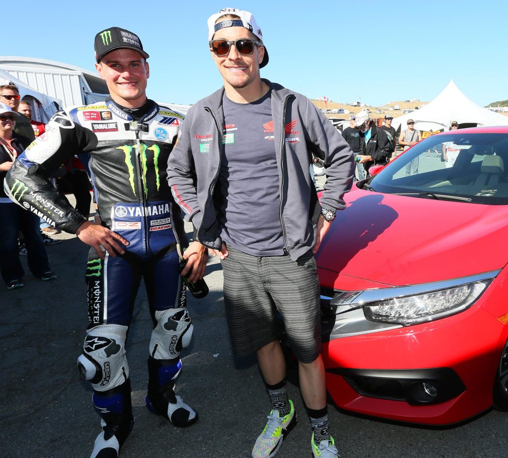 MotoGP Legend and current World Superbike racer Nicky Hayden presented Cameron Beaubier with a 2016 Honda Civic Sedan after Beaubier wrapped up the Honda Superbike Showdown on Sunday in Monterey. Photography by Brian J. Nelson.