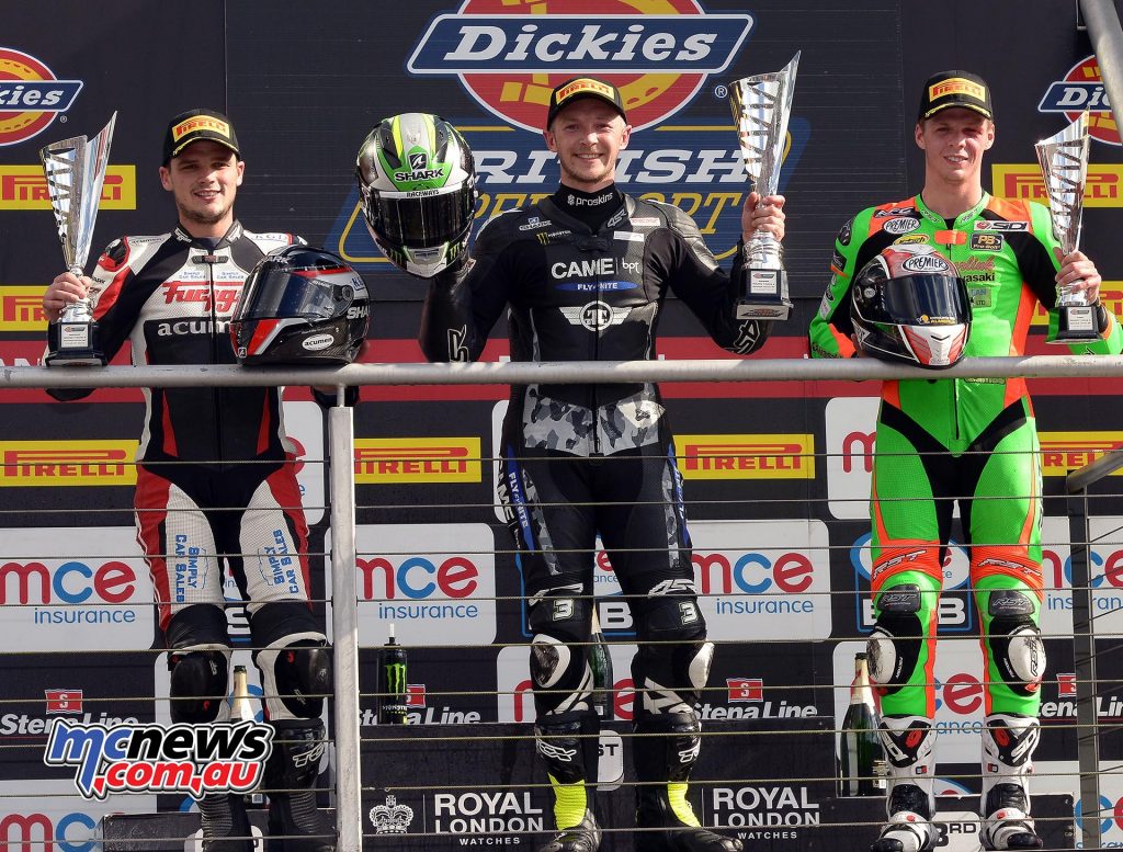 BSB 2016 - Brands Hatch - Supersport Podium - James Westmoreland CAME BPT Yamaha - Luke Jones Acumen Industrial Services Triumph - Mason Law Gearlink Kawasaki - Image by Jon Jessop
