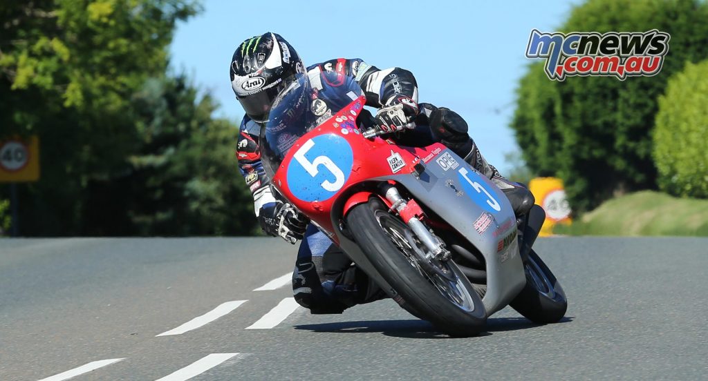 Michael Dunlop took first place in the Okells Junior Classic TT Race riding the Black Eagle Racing 350 MV Agusta replica