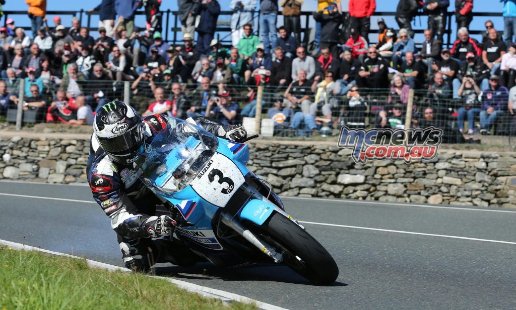 Michael Dunlop at the Creg-ny-baa on his way to winning the Motorsport Merchandise Superbike Classic TT on the 1100cc Team Classic Suzuki XR69 replica