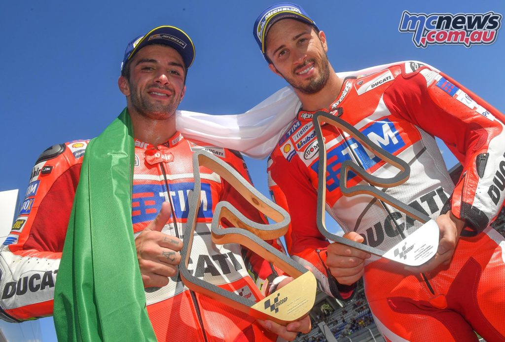 First MotoGP win for Andrea Iannone and first Ducati victory since 2010 Pos 1: Andrea Iannone, Pos 2: Andrea Dovizioso