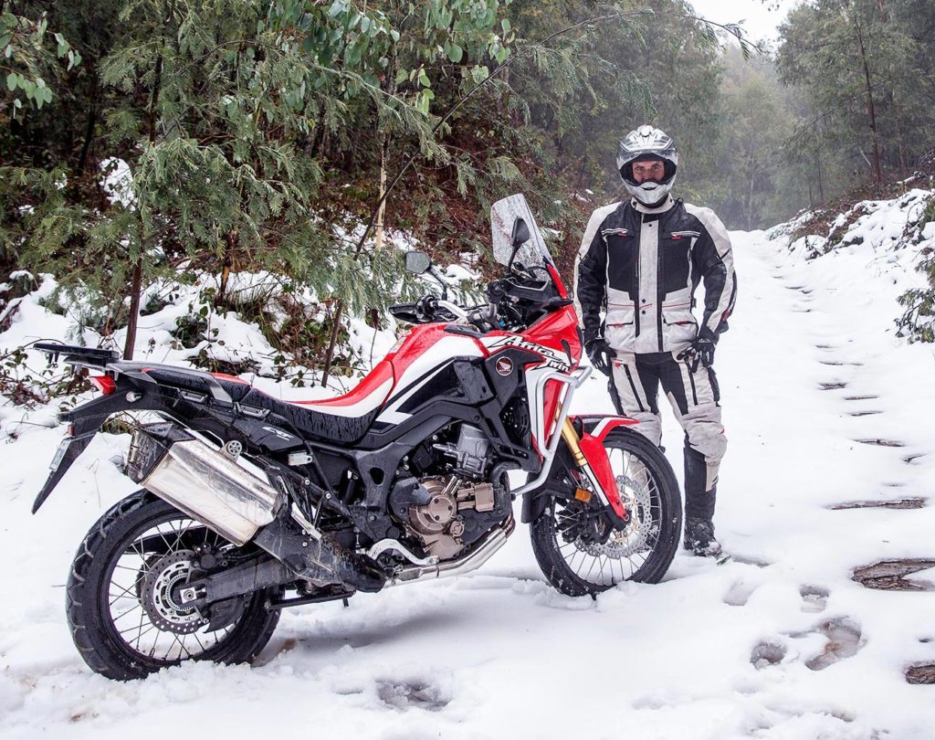 Trevor Hedge shows off DriRider's adventure kit while getting up amongst the snow behind Mount Torbreck last weekend on Honda's new Africa Twin