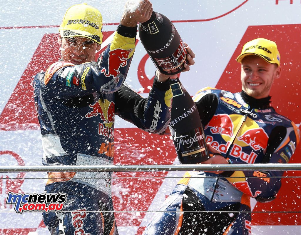 Miguel Oliveira and Brad Binder share a podium in 2015