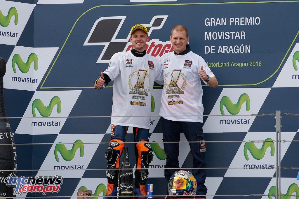 Brad Binder and Aki Ajo on the Moto3 Podium in Aragon 2016.