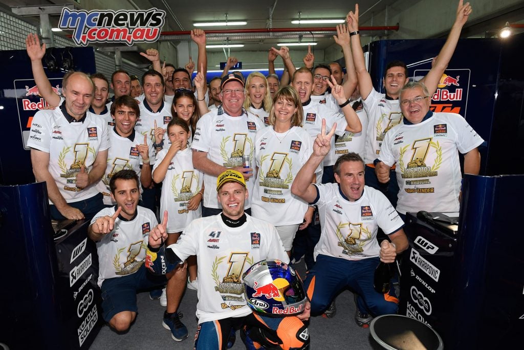 Brad Binder's Red Bull KTM Ajo team celebrate his Moto3 Championship win with four rounds to spare.