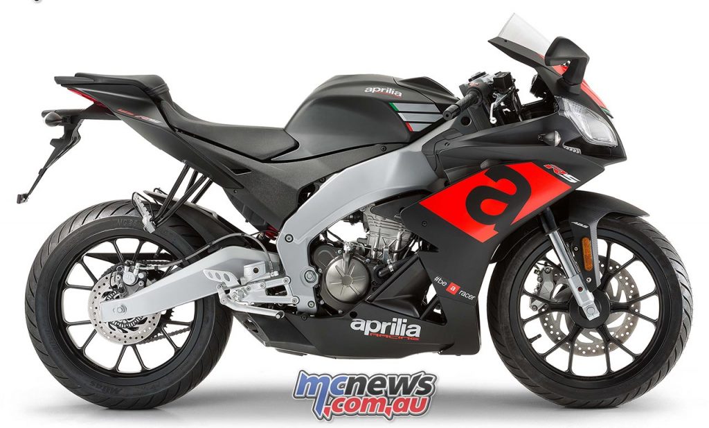 The 2017 Aprilia RS 125. Black Speed colour scheme, with the iconic Aprilia 'a' and Italian iconography on the tank.