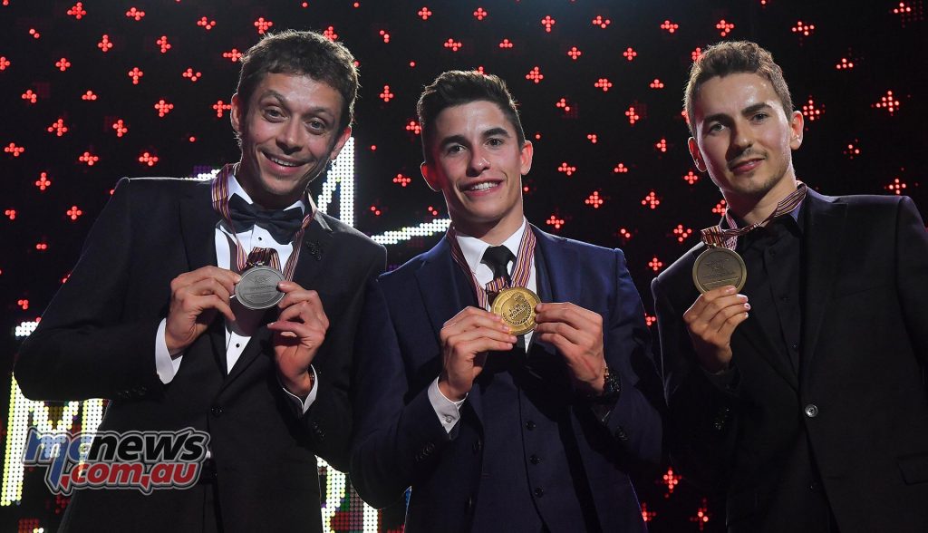 Valentino Rossi, Marc Márquez, and Jorge Lorenzo proudly show their medals