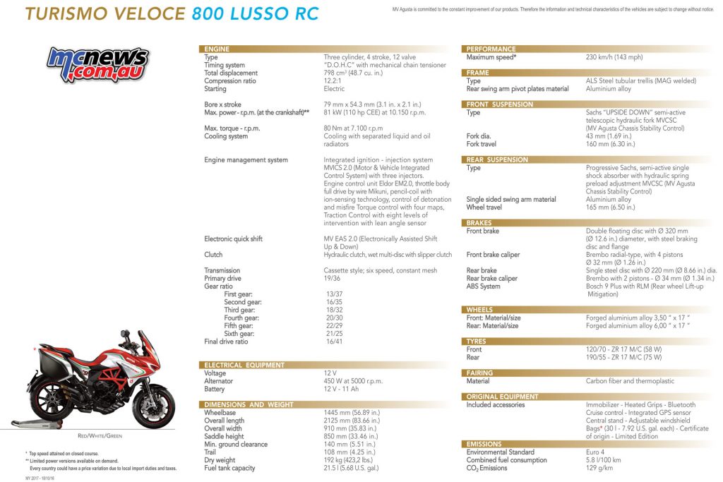 2017 MV Agusta Turismo Veloce RC Specifications