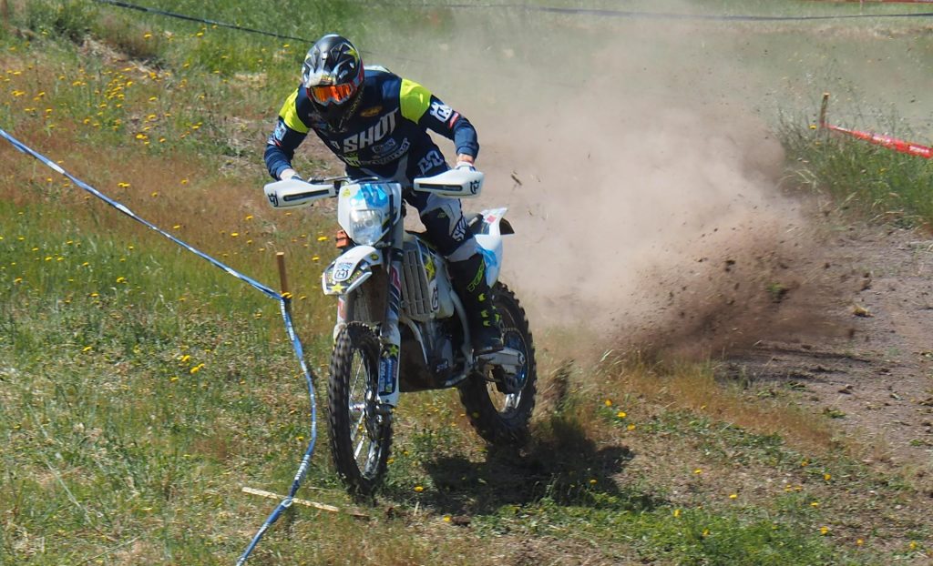 Image courtesy of T. Spragg. Pictured Mathias Bellino on his Husqvarna machine topping the times sheets in Prologue at A4DE