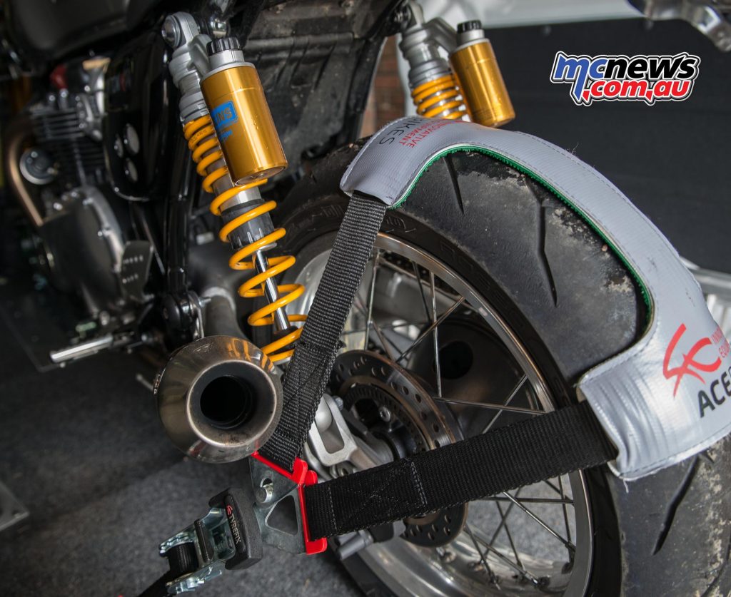 Locating the rear of the motorcycle securely and holding it forward into the ACEBIKES Steady Stand is the ACEBIKES TyreFix system.