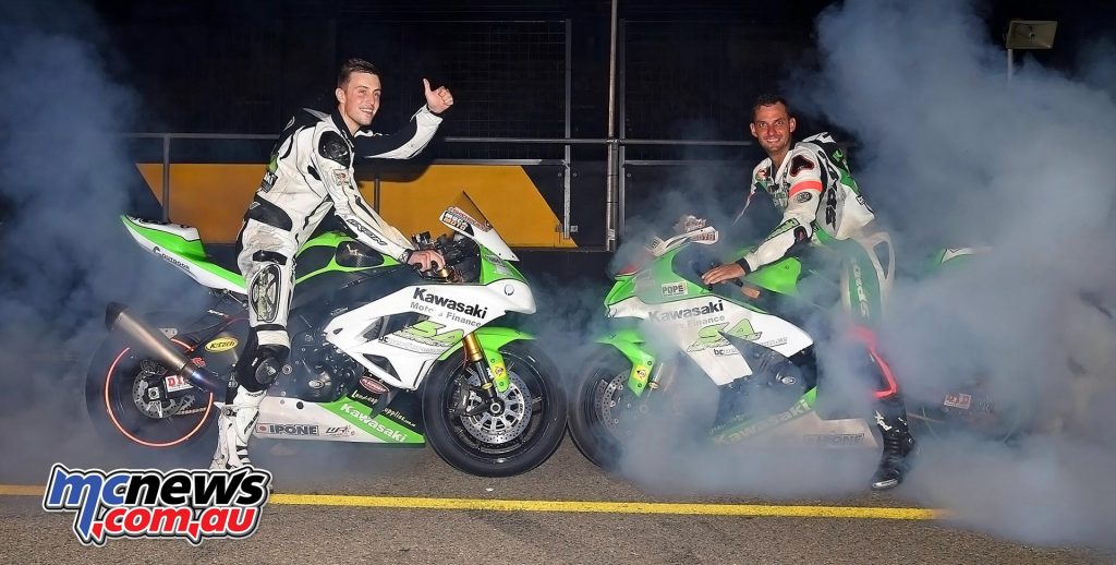 Kyle Buckley and Robbie Bugden celebrate Swann Supersport and Swann Superbike Titles in 2016 - Image by Keith Muir