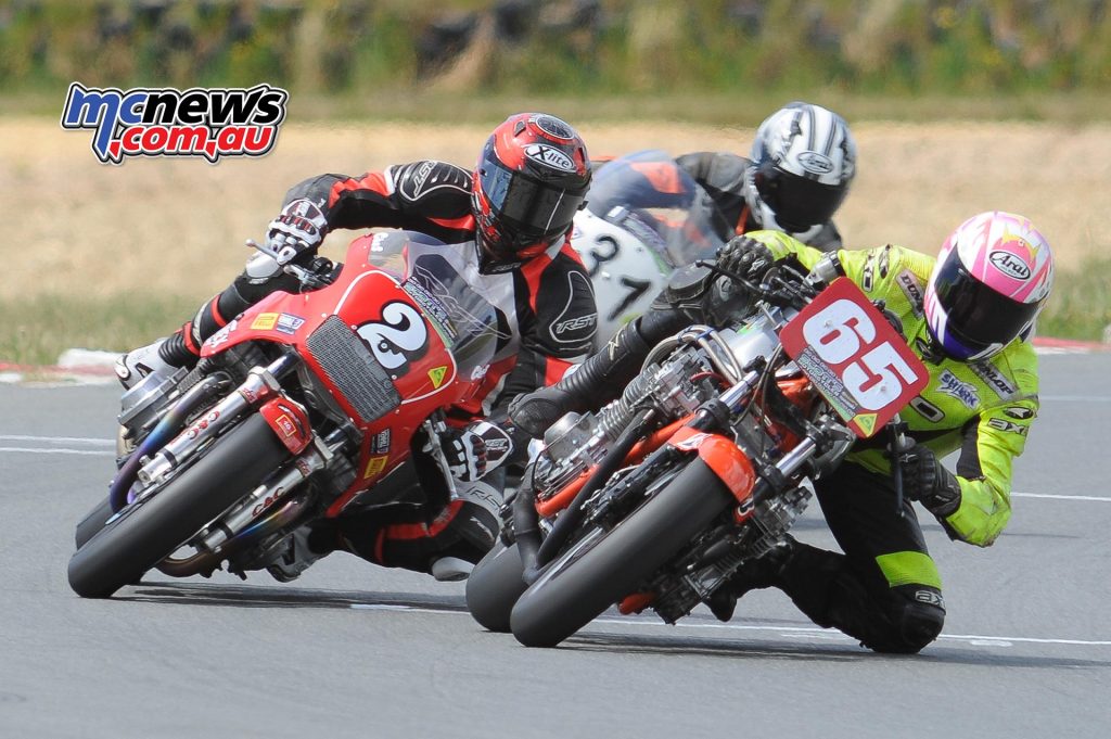 Australian Historic Road Racing Championships 2016 - Image by Colin Rosewarne - Chas Hern on T-Rex Harris Honda F1, John Brewster (Suzuki), Craig Ditchburn (Yamaha TZ750) Forgotten Era Unlimited