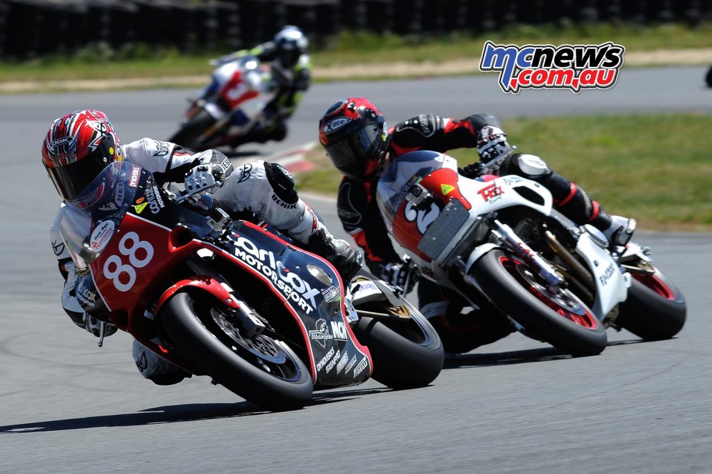 Australian Historic Road Racing Championships 2016 - Image by Colin Rosewarne - Dean Oughtred Suzuki GSX-R1100 leading Chas Hern on Yamaha FJ1200