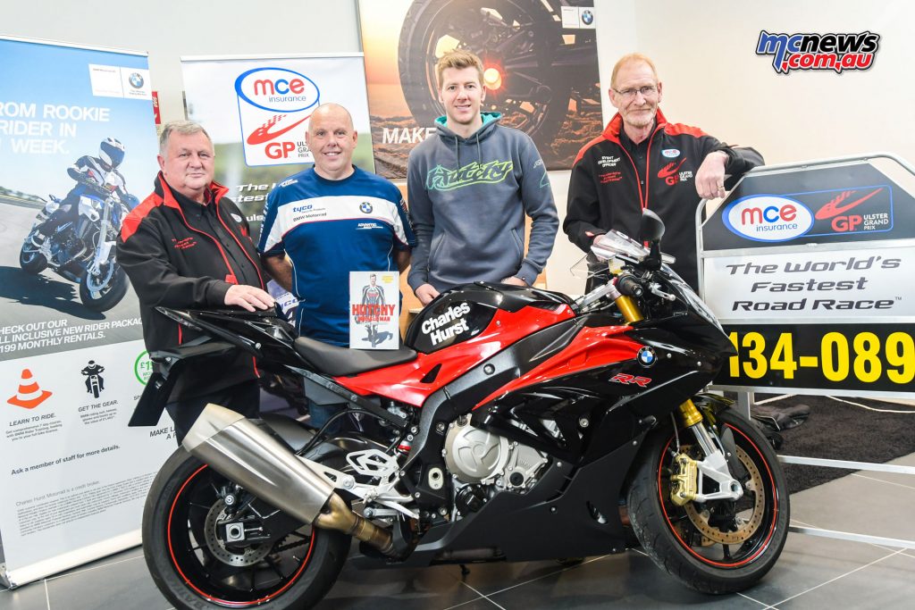 L-R: Eddie Johnston, Dundrod & District Motorcycle Club, Andy Higgins, event compere, 2016 MCE UGP Man of the Meeting Ian Hutchinson and Ken Stewart, Dundrod & District Motorcycle Club pictured at Hutchy's book signing at Charles Hurst BMW Motorrad on 3rd December.