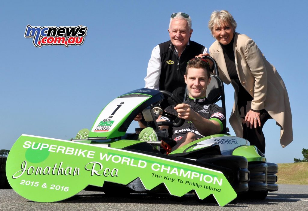 Jonathan Rea Go Kart liveried in Kawasaki green, complete with race number 1 and his name proudly emblazoned across the front. Pictured with Bass Mayor Cr Pamela Rothfield and Phillip Island Circuit's Fergus Cameron
