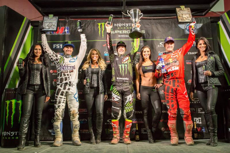 The 450SX Class podium - Tomac (center), Reed (left), and Dungey (right). Photo: Feld Entertainment, Inc.