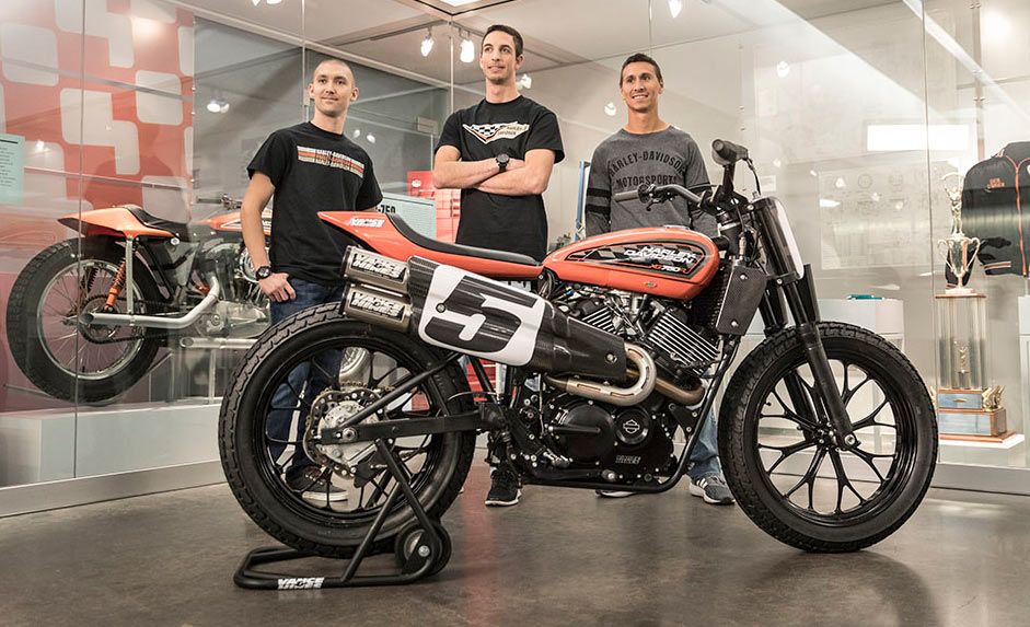 Harley-Davidson’s Factory Flat Track Racing team expands to three riders for the 2017 American Flat Track season with three-time Grand National Champion Kenny Coolbeth Jr. (right) joined by two-time Grand National Champion Jake Johnson (left) and young standout Brandon Robinson (center). All three will ride the new Harley-Davidson XG750R flat tracker exclusively.