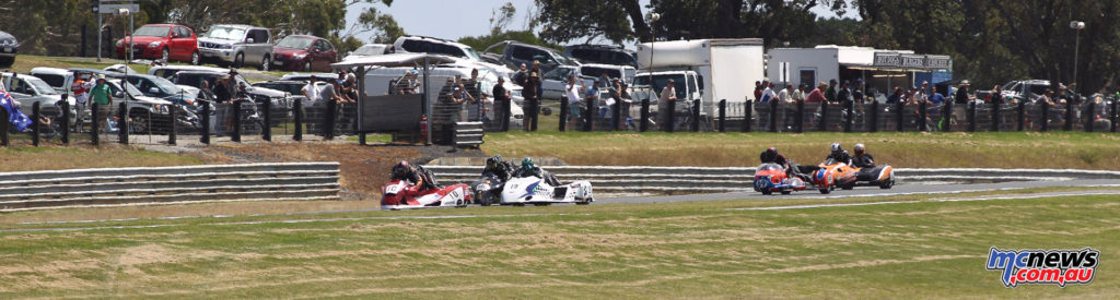 2017 Island Classic - Forgotten Era Sidecars - Ian Gardner/Kevin Burns, Mark Knight/David Rumble, Barry Horner/David Di Nuzzo, Max Hooper/Brad Gorrie, David Jones/Stephen Jones - Image: Cameron White