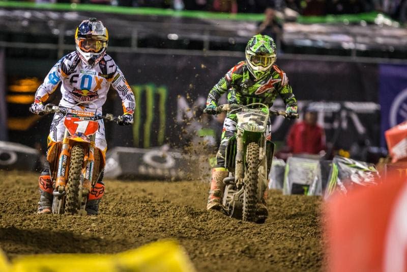 Dungey (1) led most of the Main Event, but lost the lead to Tomac (3) late. Photo: Feld Entertainment, Inc.