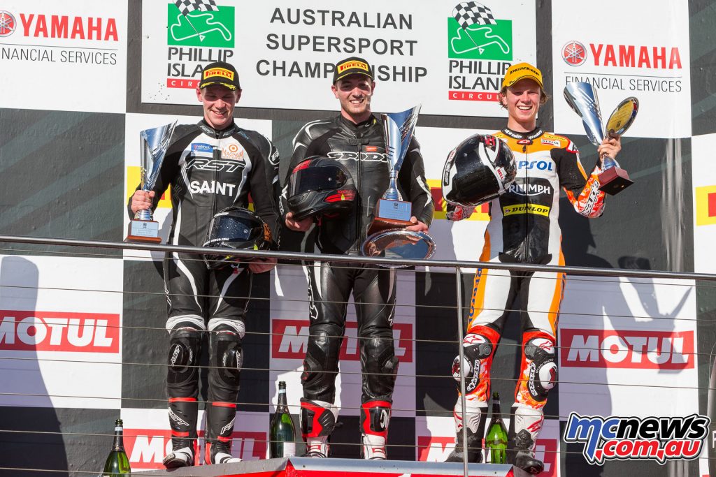 Supersport podium at Phillip Island - Coote, Collins, Chiodo - Image: Andrew Gosling, TPG Photography