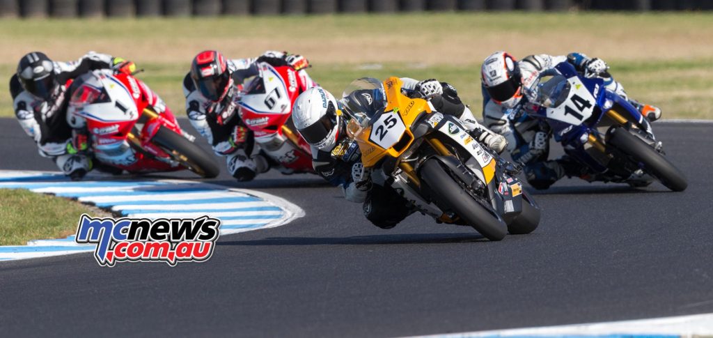 ASBK 2017 - Round One - Phillip Island - Race One - Falzon leads Glenn Allerton and Bryan Staring - Image by TBG