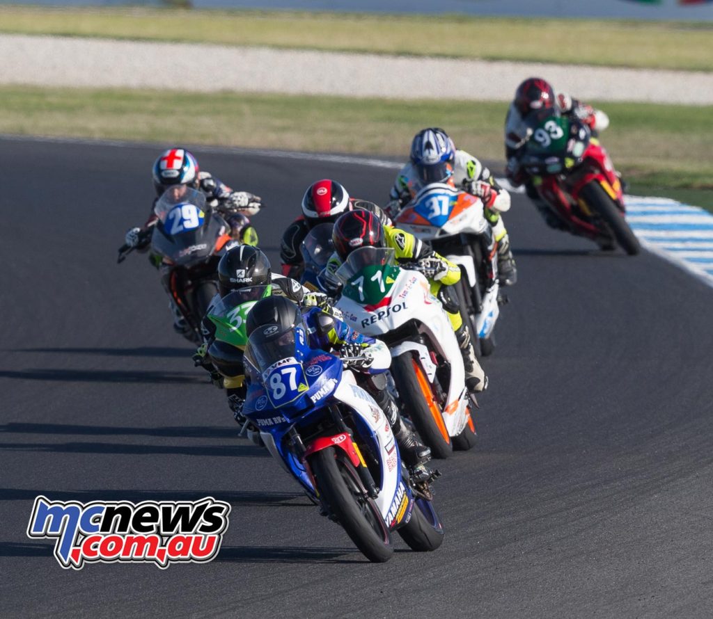 Zac Levy leads Supersport 300 Race Three at Phillip Island - ASBK 2017 - Round One - Image by TBG