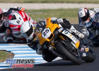 ASBK 2017 - Round One - Phillip Island - Race One - Falzon leads Glenn Allerton and Bryan Staring - Image by TBG