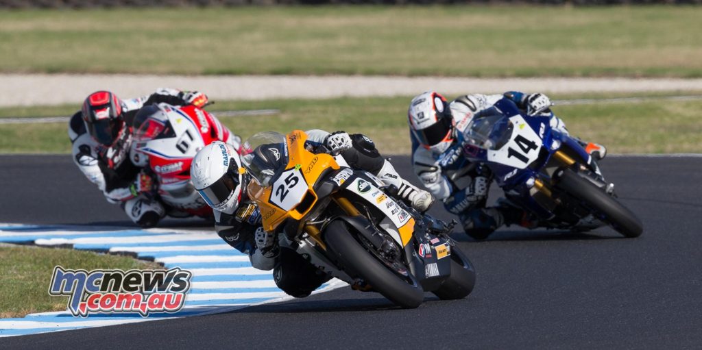 ASBK 2017 - Round One - Phillip Island - Race One - Falzon leads Glenn Allerton and Bryan Staring - Image by TBG
