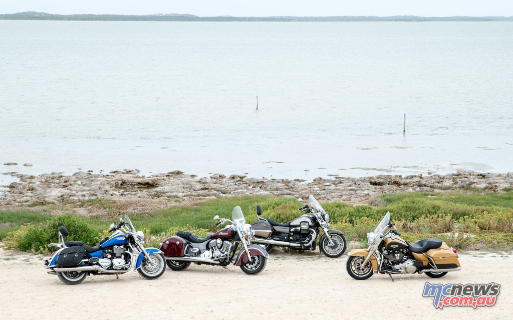 Harley-Davidson Road King, Indian Springfield, Triumph Thunderbird LT and Moto Guzzi California Touring - Coorong