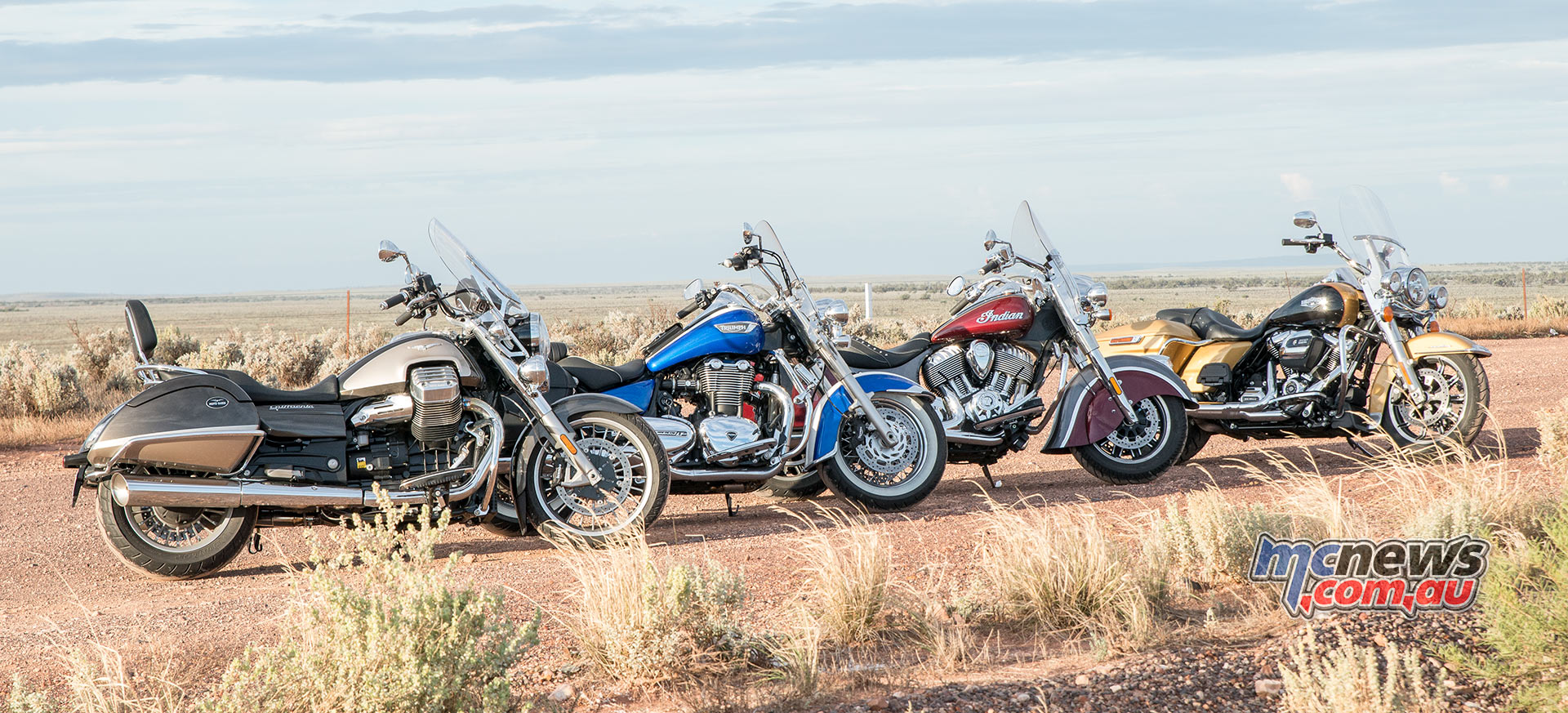 Harley-Davidson Road King, Indian Springfield, Triumph Thunderbird LT and Moto Guzzi California Touring